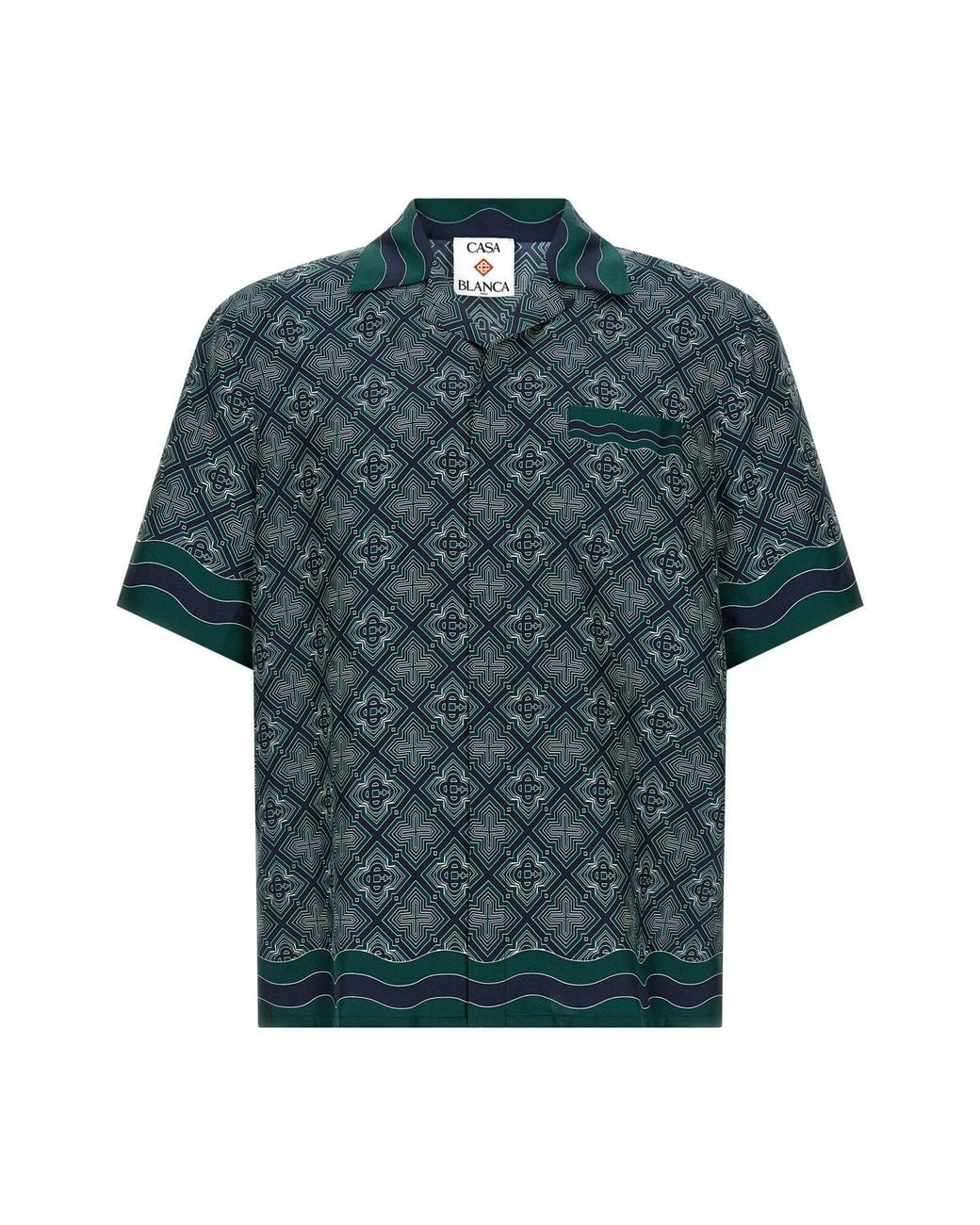 Casablanca Blue Silk Shirt With Cuban Collar And Monogram Pattern for men