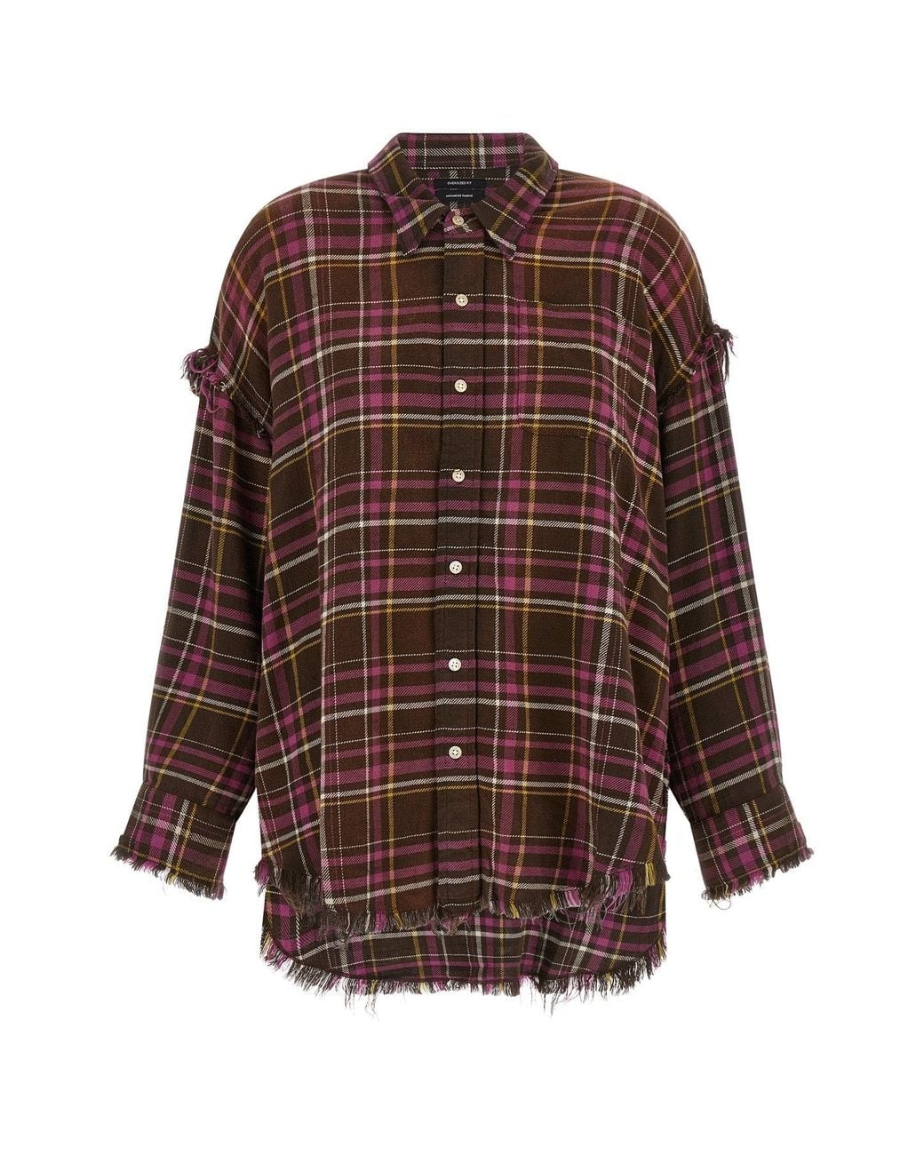 R13 Brown Frayed-Seam Plaid Shirt