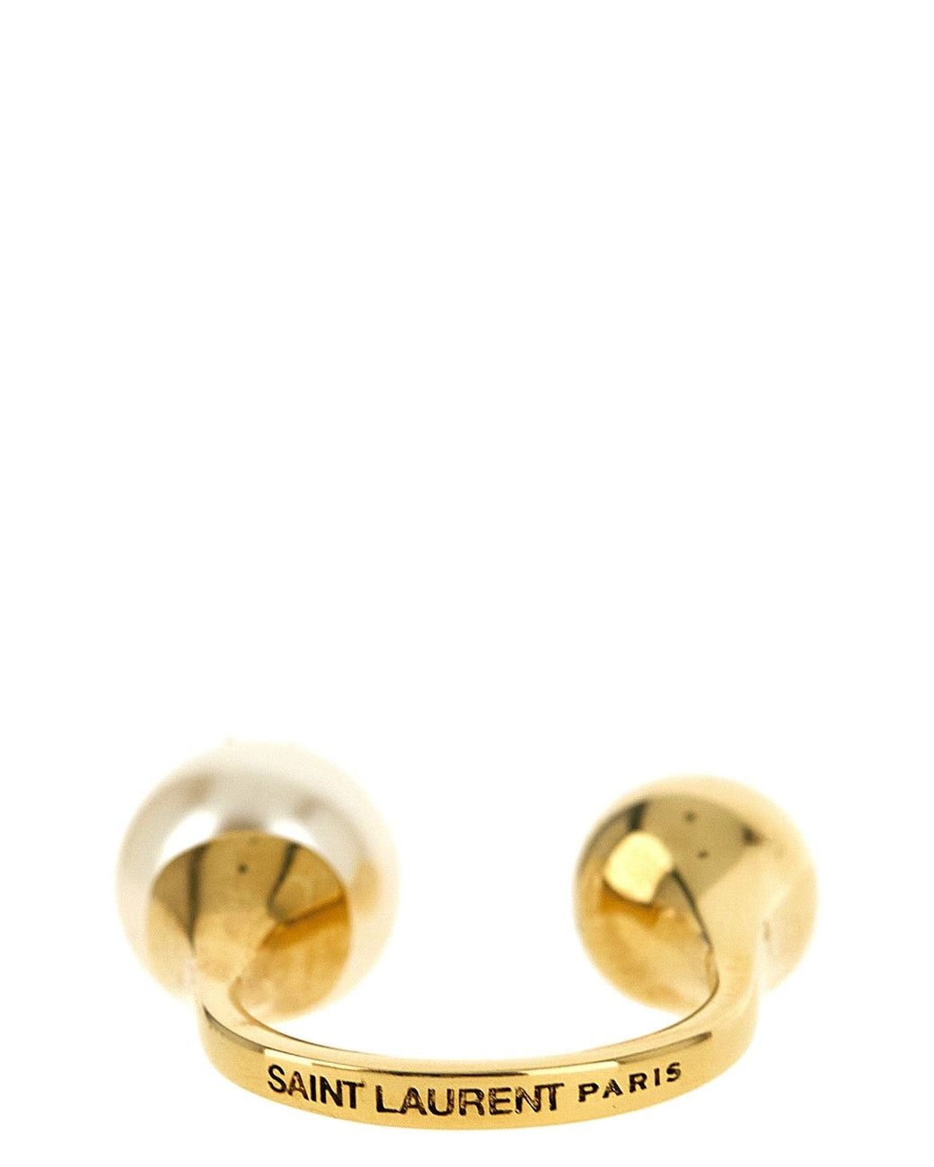 Saint Laurent White Cassandre Open Ring With Pearl And Sculptural Sphere