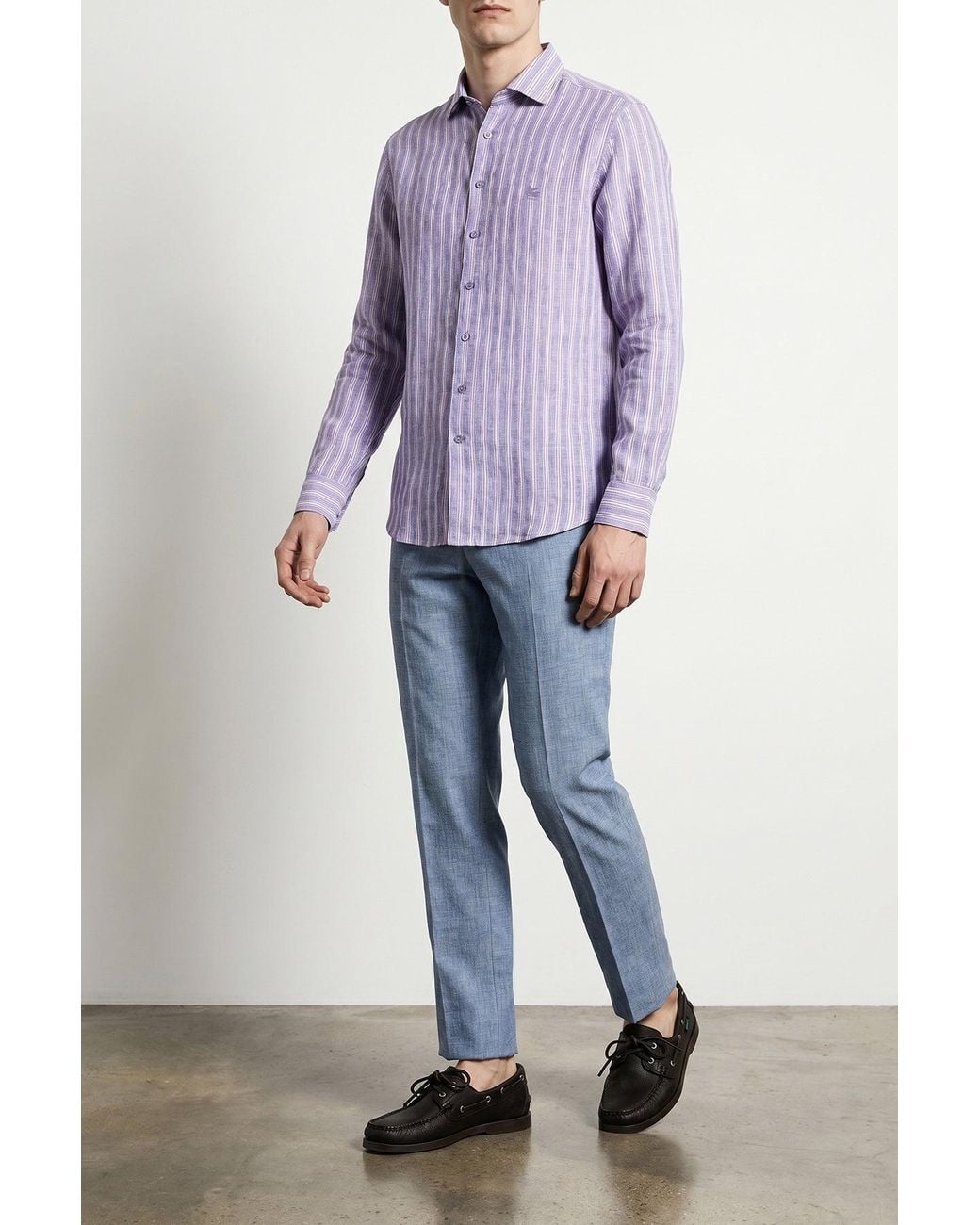 Etro Purple Striped Linen Shirt With Embroidered Pegaso for men