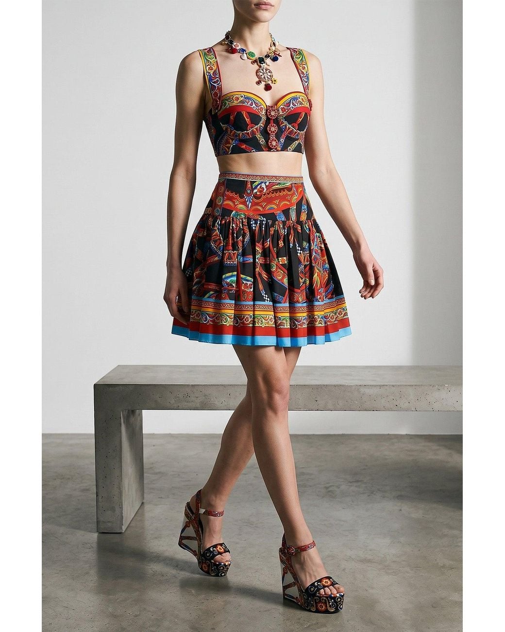 Dolce & Gabbana Red Carretto Print Bustier Top