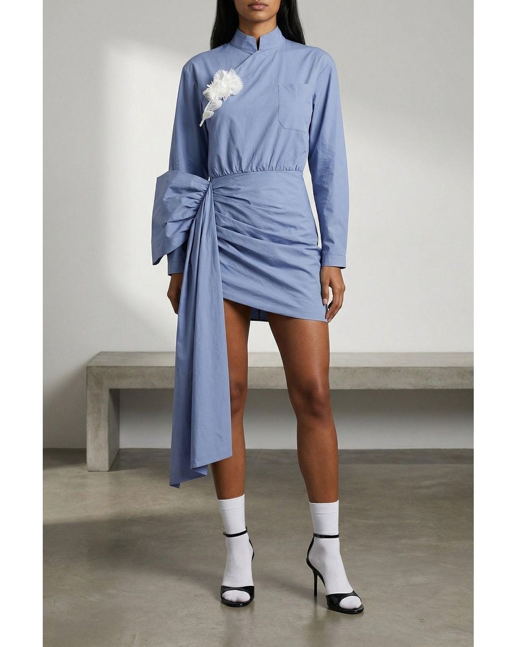Self-Portrait Blue Cotton Tie Side Mini Dress