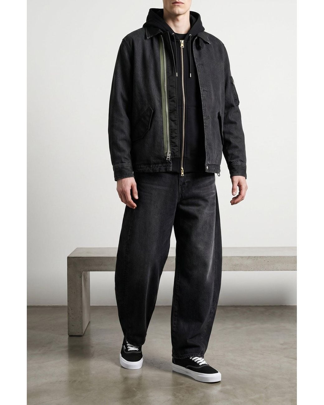 Sacai Black Hybrid Denim Jacket With Asymmetrical Zip for men