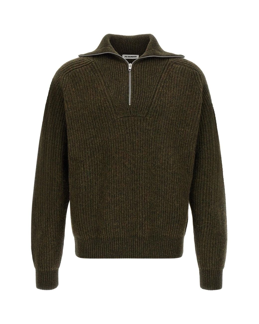 Jil Sander Green Ribbed Pure Wool Half-Zip Sweater for men