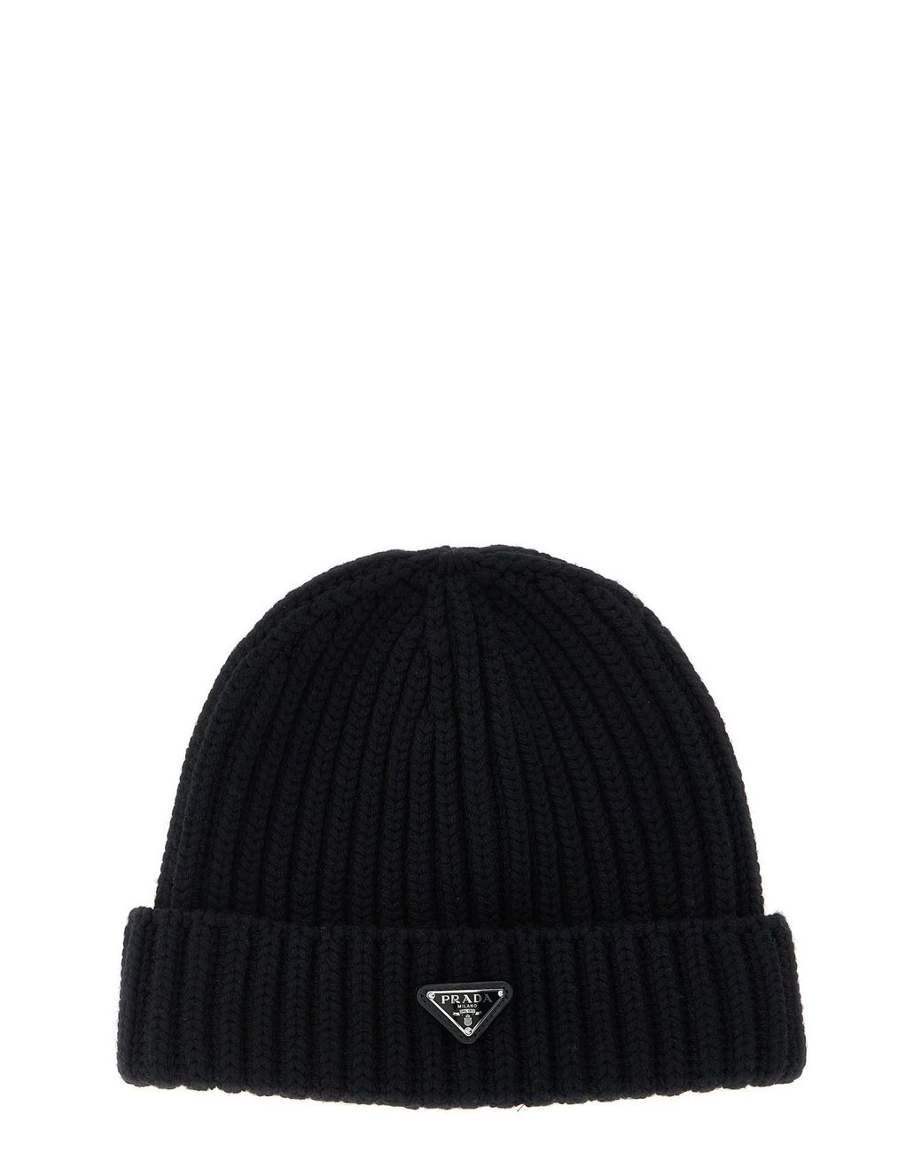 Prada Black Triangle Logo Beanie for men