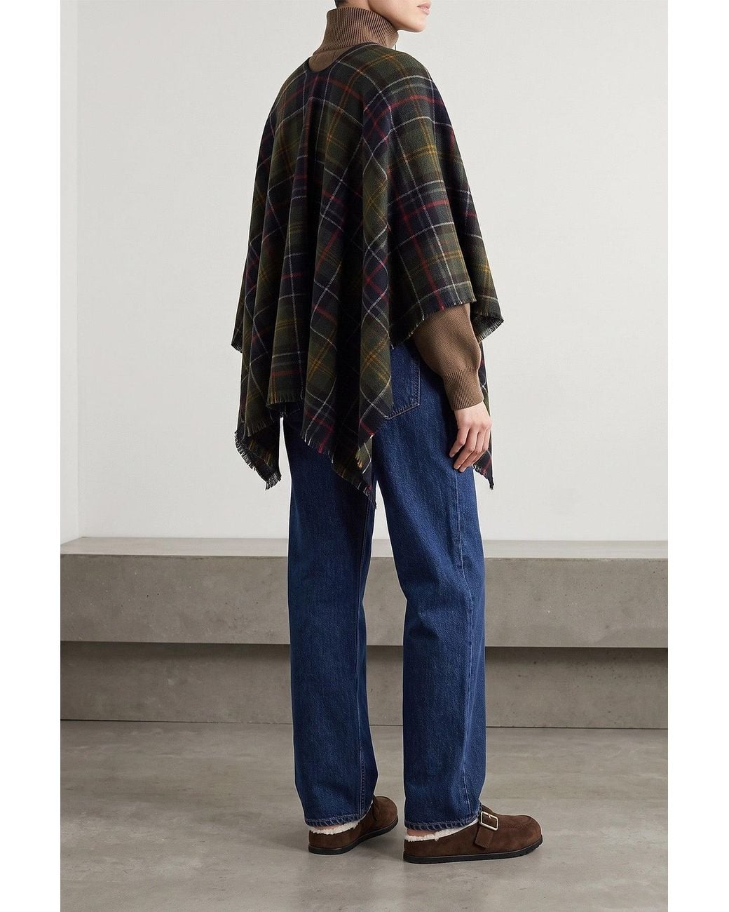 Barbour Black Serape With Tartan Pattern And Fringed Hem