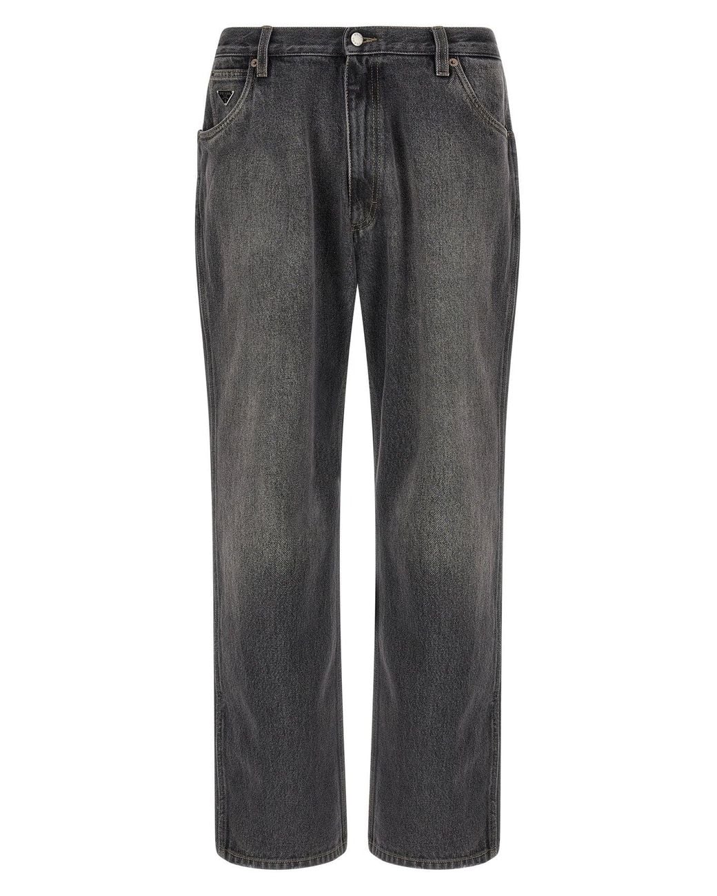 Prada Gray Enameled Triangle Logo Jeans for men