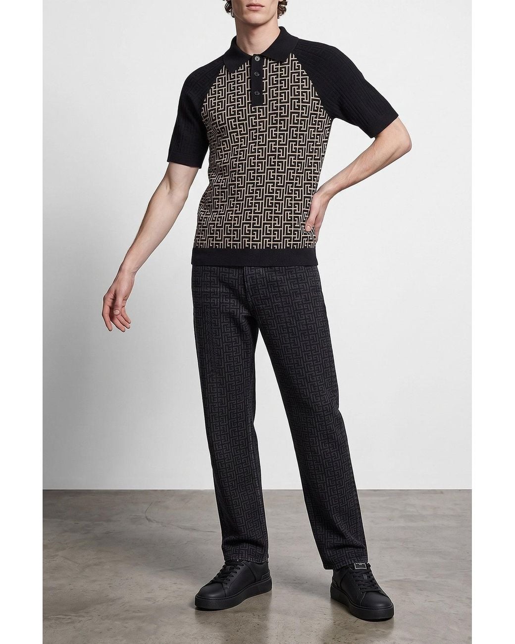 Balmain Black Denim Pants With All-Over Monogram Pattern for men