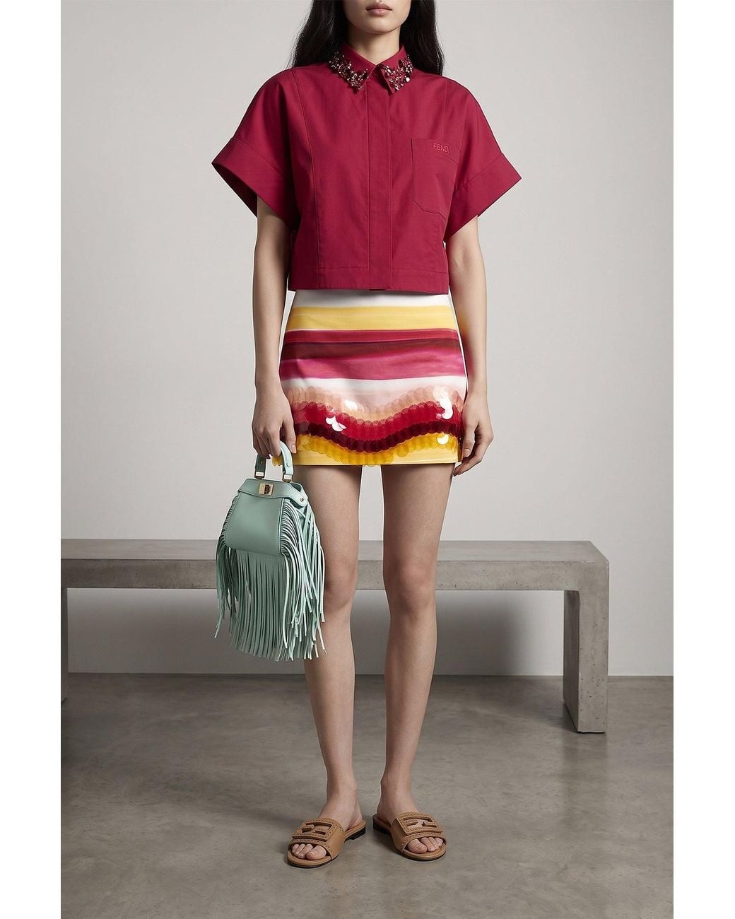 Fendi Red Cropped Shirt With Embellished Collar