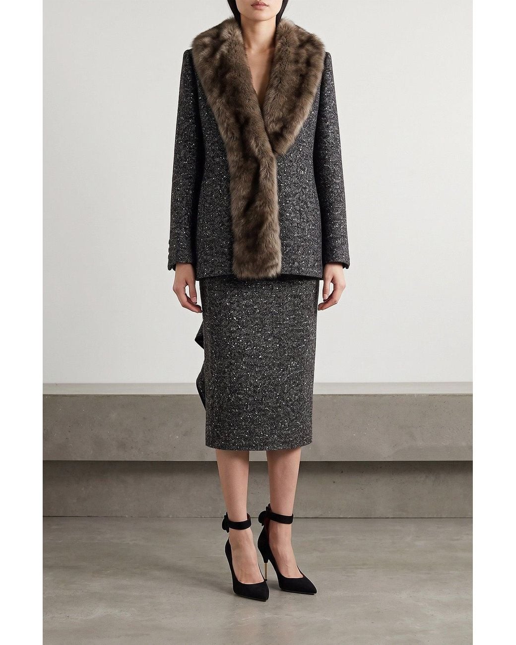 Valentino Garavani Gray Pencil Skirt With Ruffle Detail