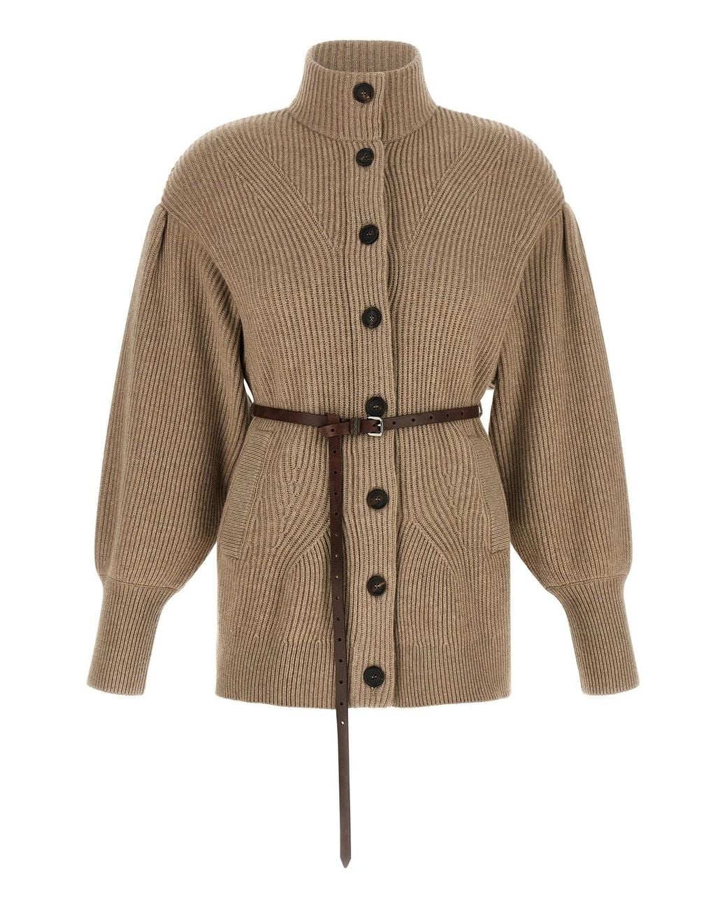Brunello Cucinelli Natural Ribbed Knit Cardigan With Leather Belt