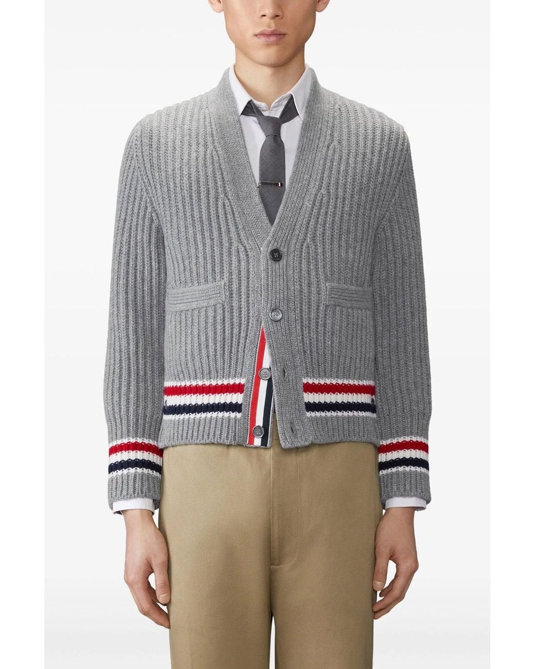 Thom Browne Gray Cardigan 'Half Cardigan Stitch Classic V Neck' for men