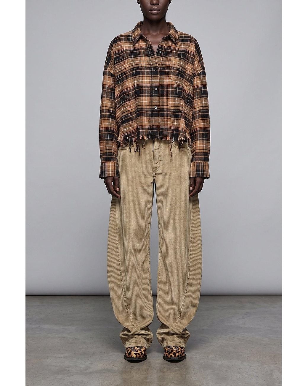 R13 Brown Cropped Shirt With Frayed Hem