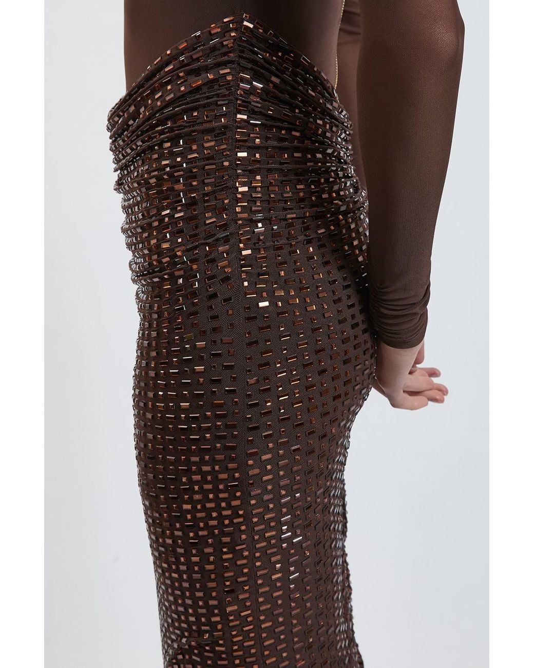 Karen Millen Brown Petite Premium Crystal Embellished Jersey Cowl Skirt Detail Maxi Dress With Mesh Body