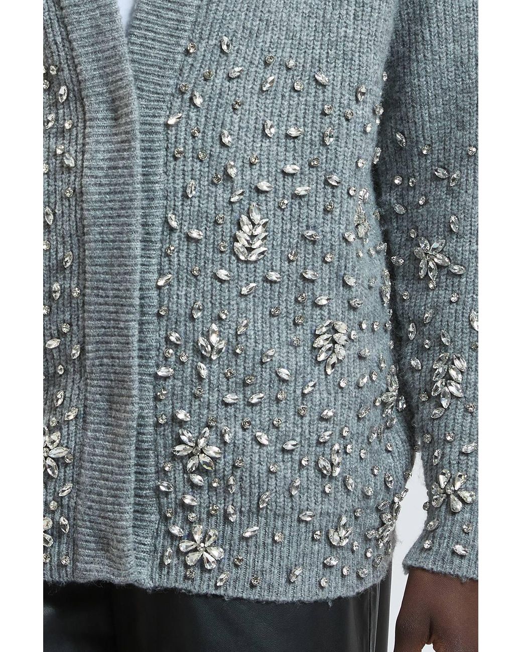 Karen Millen Gray Wool Blend Embellished Cosy Knitted Cardigan Sweater