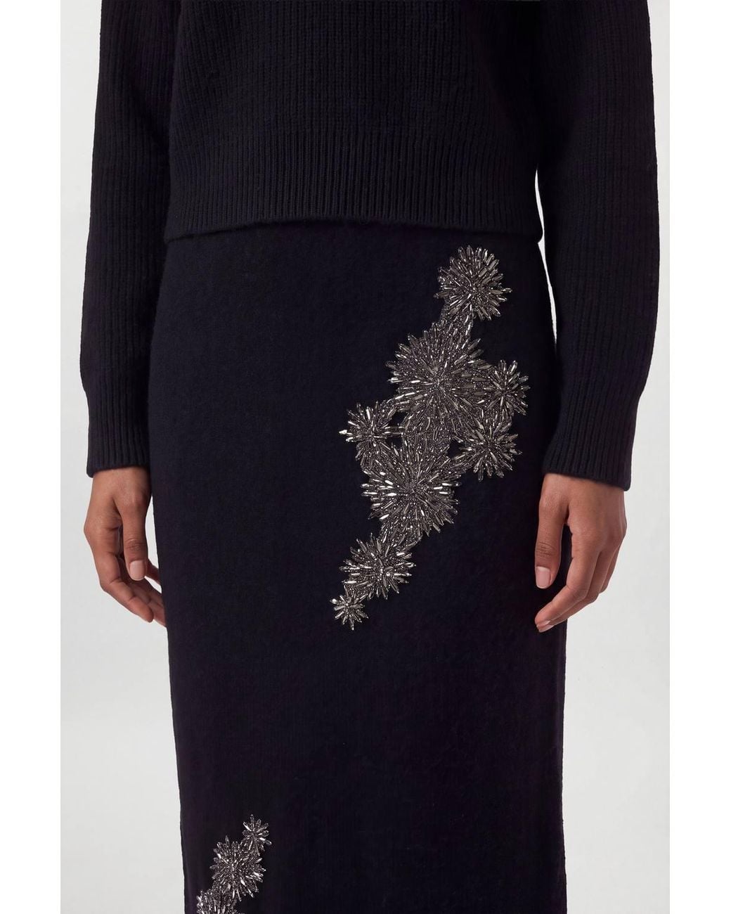 Karen Millen Blue Wool Blend Embellished Cosy Pencil Midi Skirt