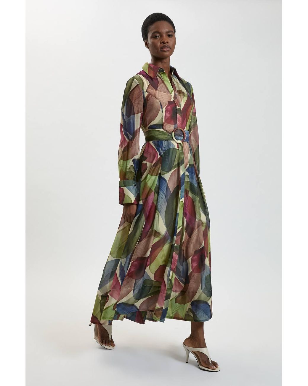 Karen Millen White Petal Print Organza Maxi Shirt Dress
