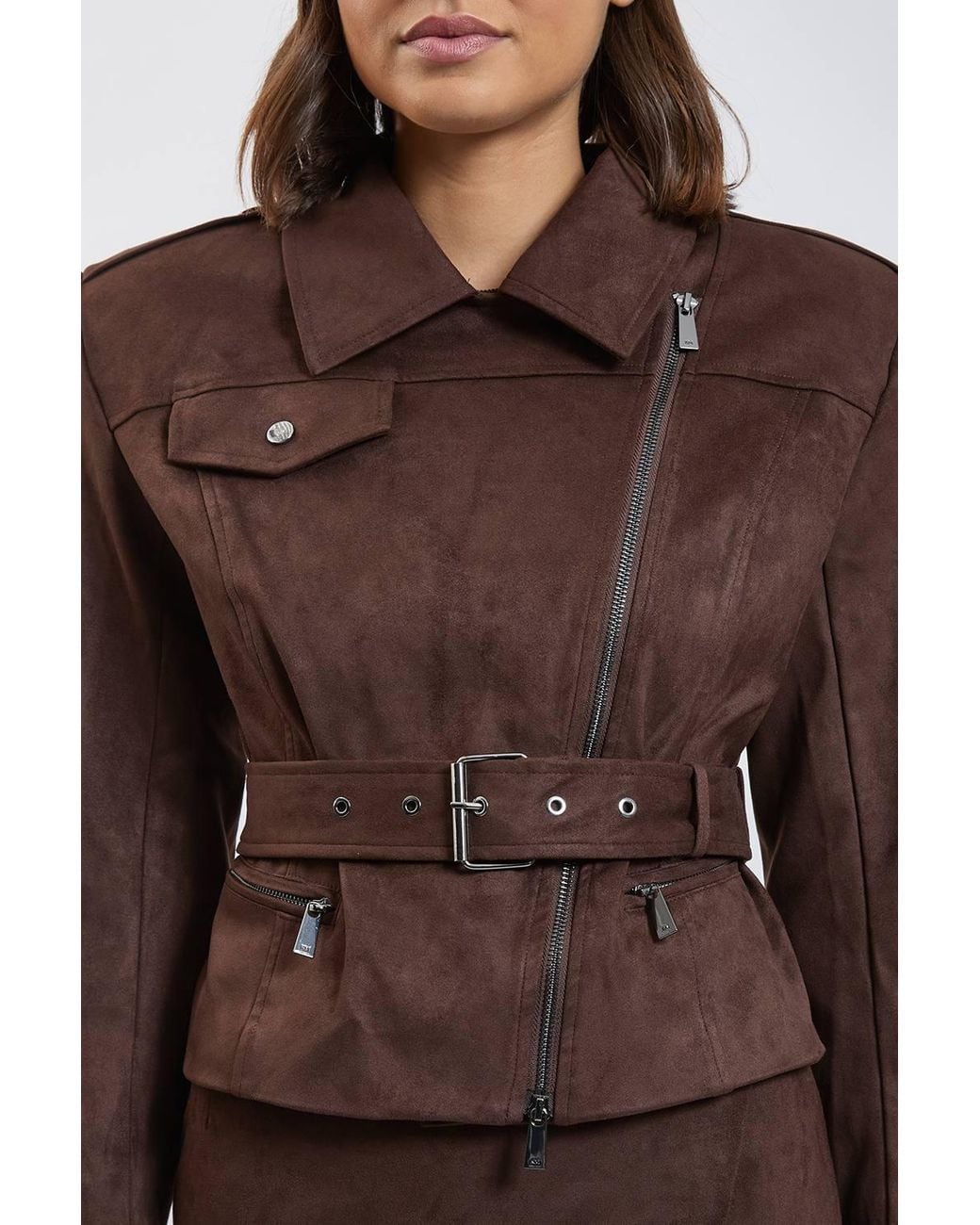 Karen Millen Brown Faux Leather Collared Belted Jacket