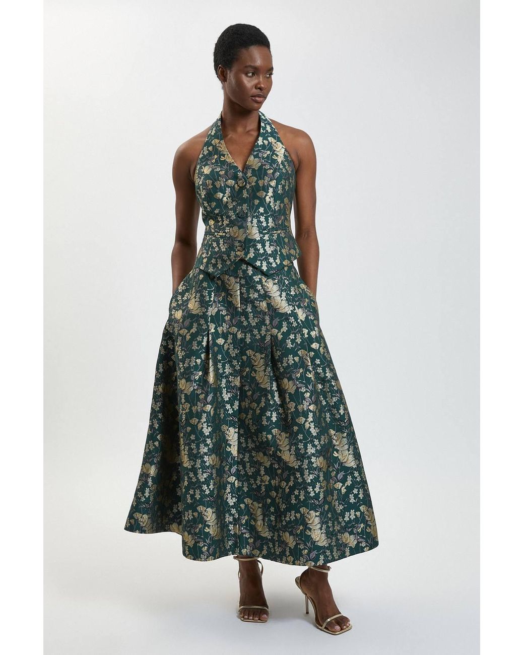 Karen Millen Green Jacquard Full Midi Skirt