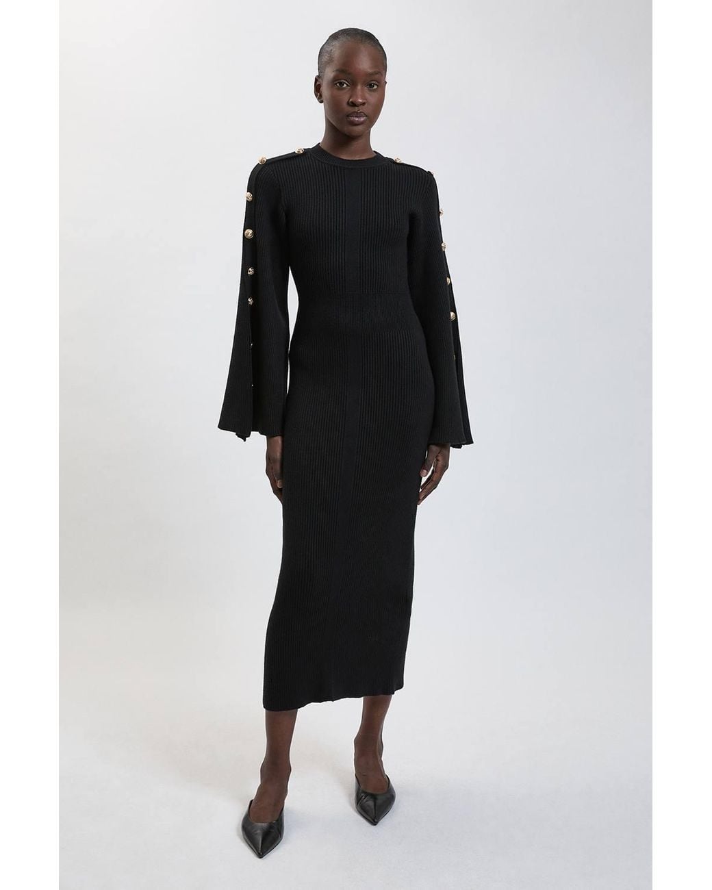 Karen Millen Black Military Button Up Sleeved Knitted Midi Dress