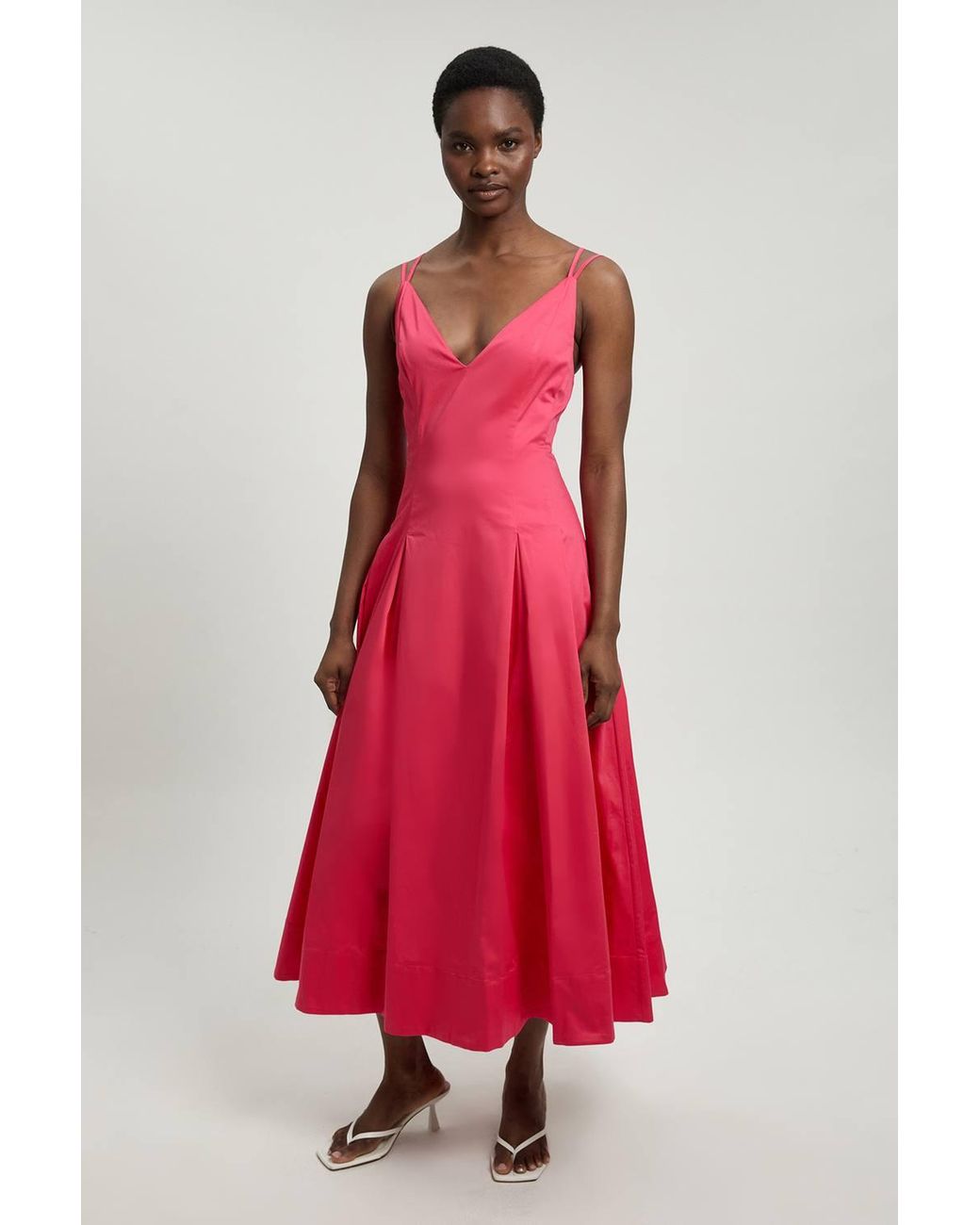 Karen Millen Red Petite Cotton Sateen V Neck Maxi Dress