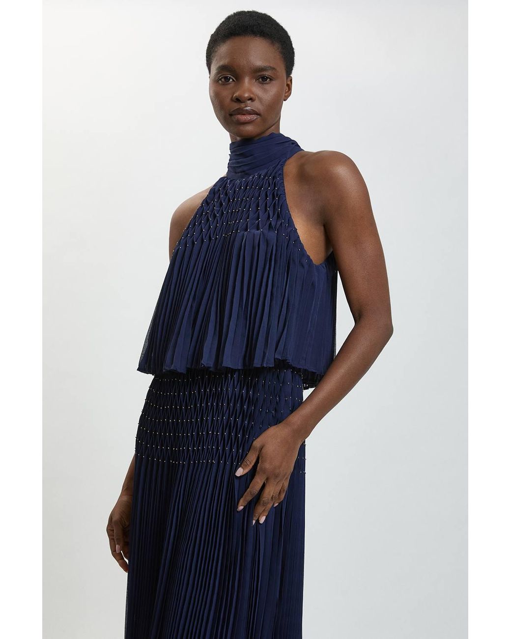 Karen Millen Blue Pleated Bead Detail Halterneck Maxi Dress
