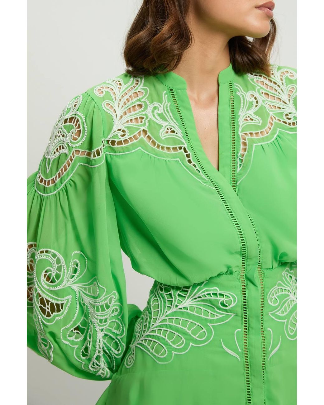 Karen Millen Green Cutwork Beaded Embroidered Woven Mini Dress