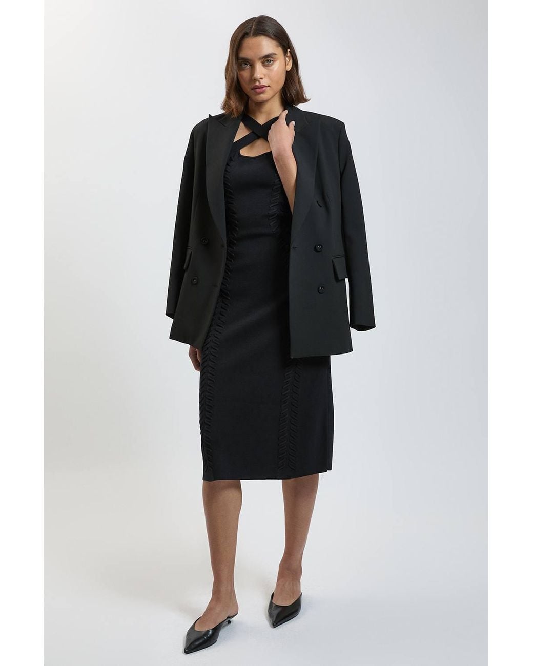 Karen Millen Black Lace Up Detail Knitted Halter Cross Front Maxi Dress