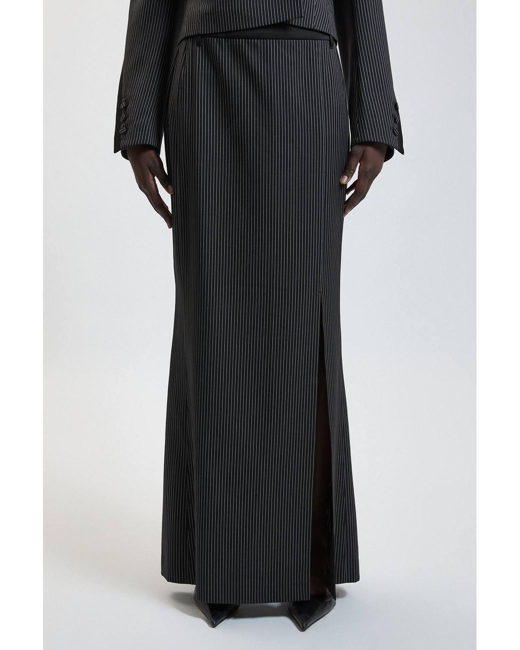Karen Millen Black Pinstripe Satin Mix Tailored Maxi Skirt