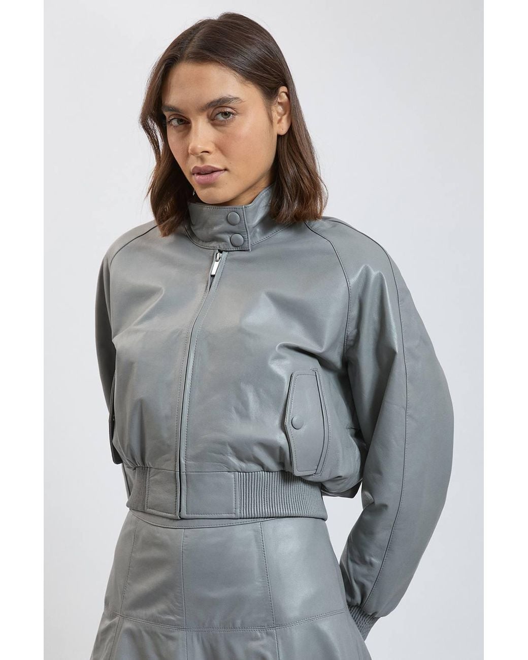 Karen Millen Gray Leather Bomber Jacket