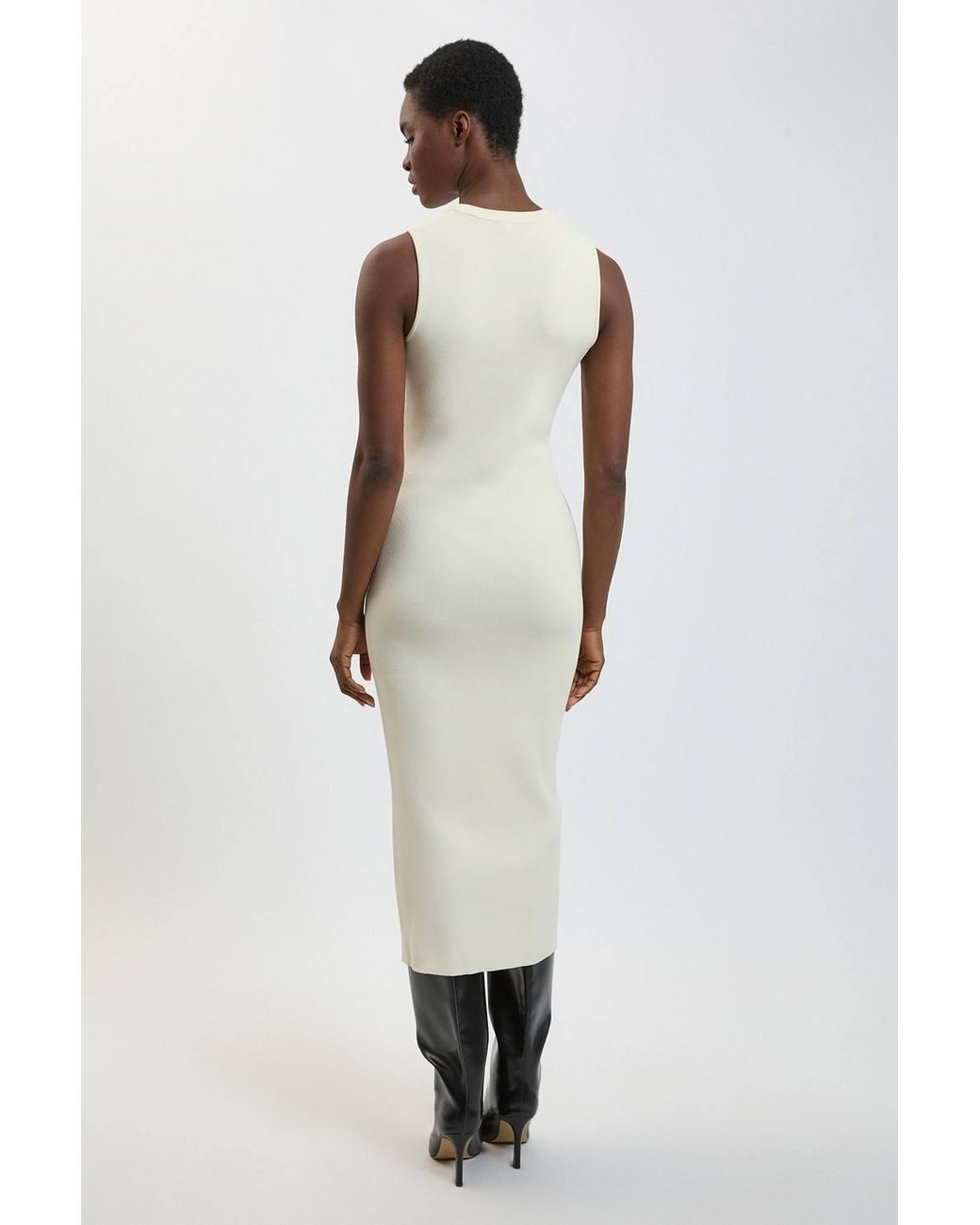Karen Millen White Rib Knitted Crew Neck Midi Dress