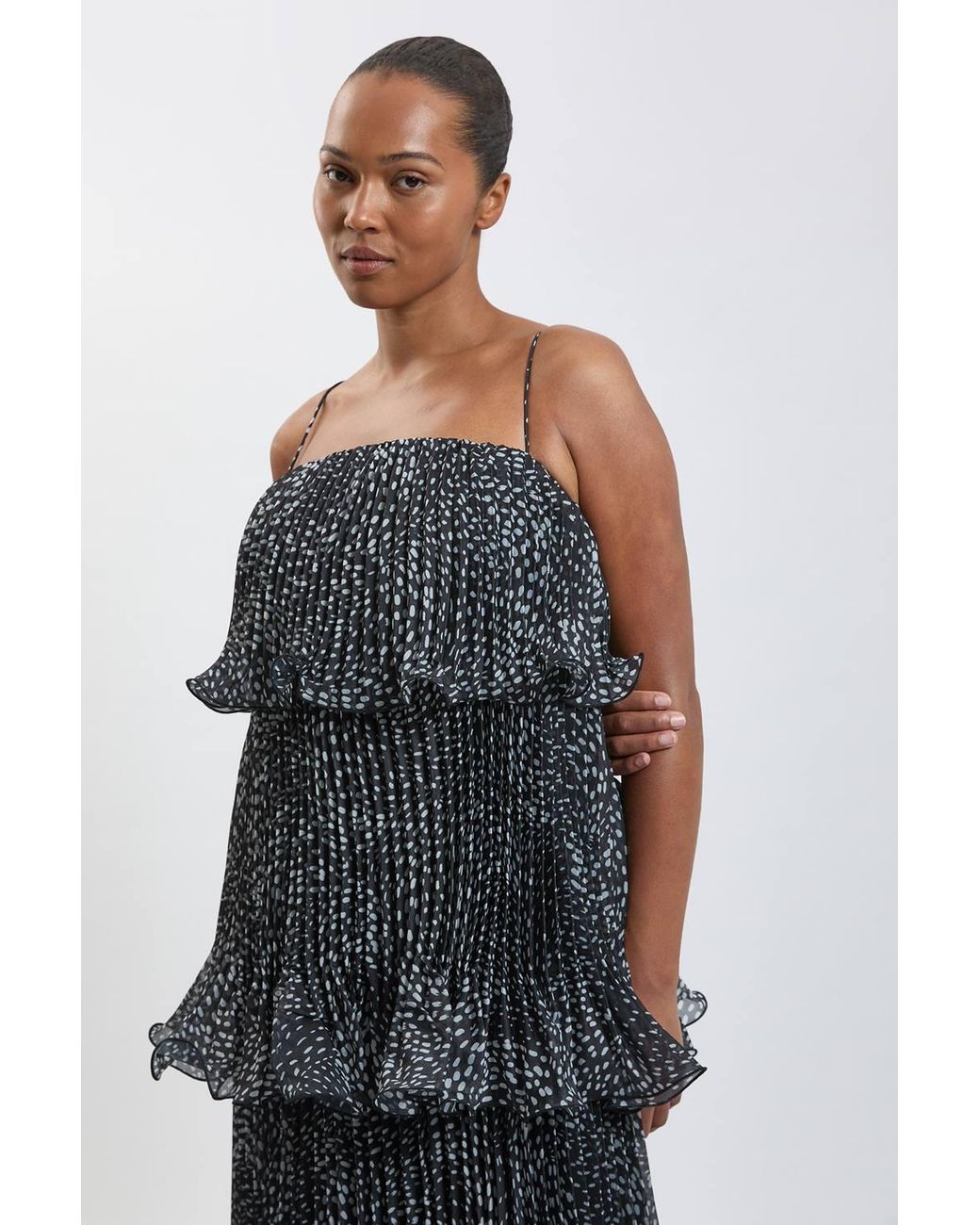 Karen Millen Black Plus Size Spot Print Pleated Slub Organdie Peplum Woven Maxi Dress