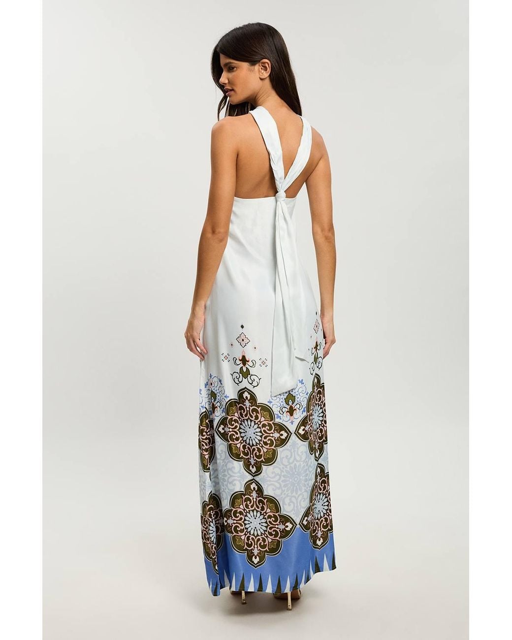 Karen Millen White Petite Tile Print Satin Viscose Halterneck Maxi Dress