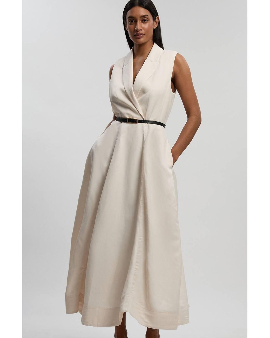 Karen Millen Natural Petite Premium Viscose Linen Tailored Belted Full Skirted Midi Dress