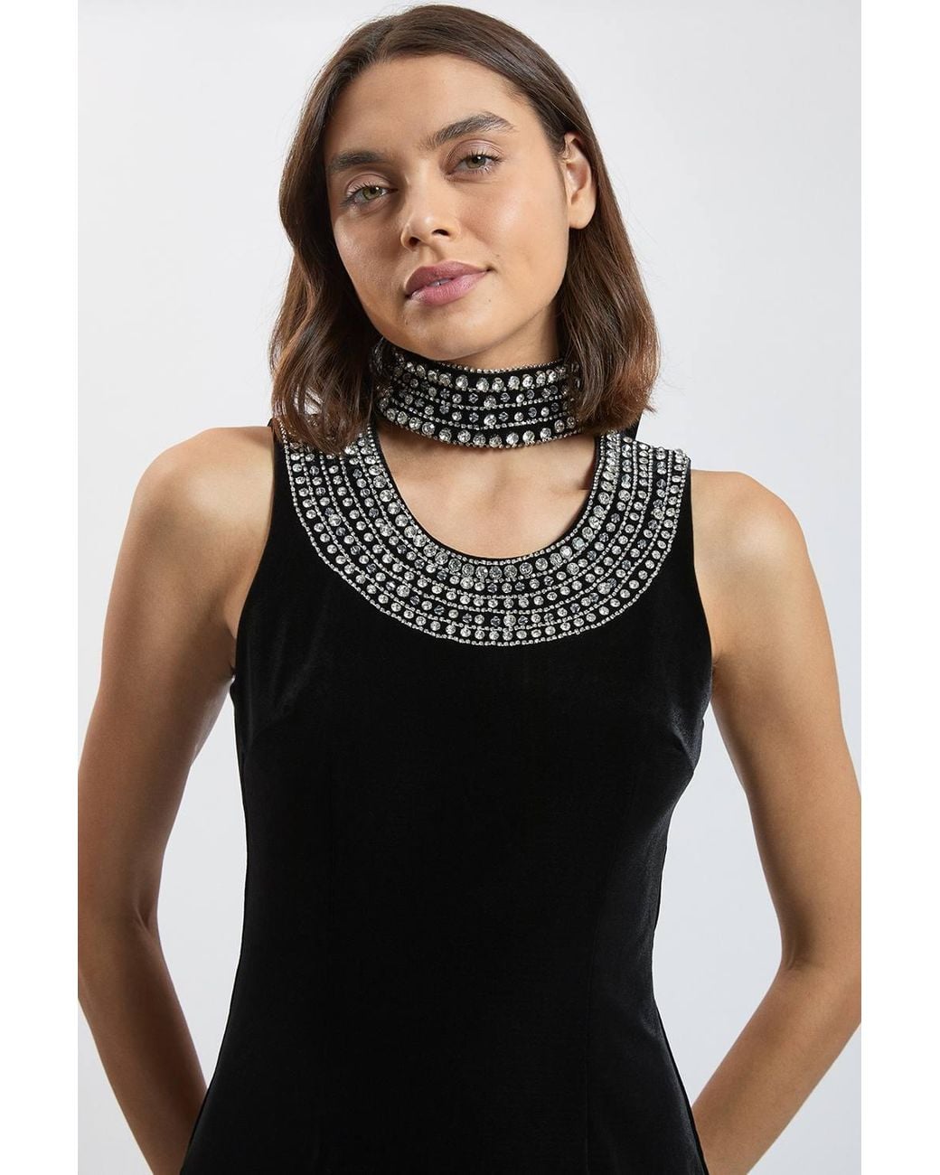 Karen Millen Black Petite Crystal Trim Velvet Mini Dress With High Neck