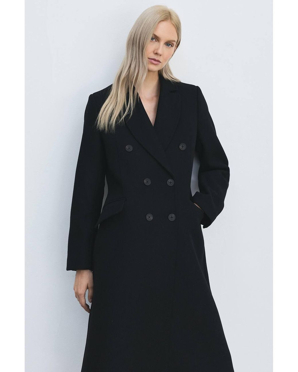 Karen Millen Black Forever Wool Double Breasted Tailored Midi Coat
