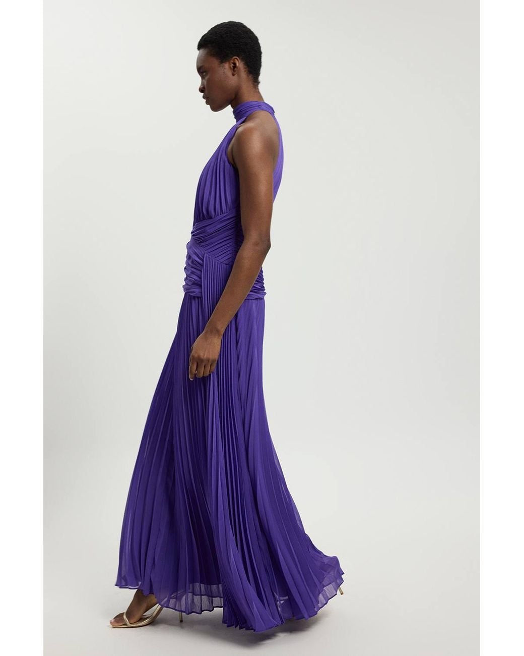 Karen Millen Purple Petite Pleated Twist Front Woven Halter Midi Dress