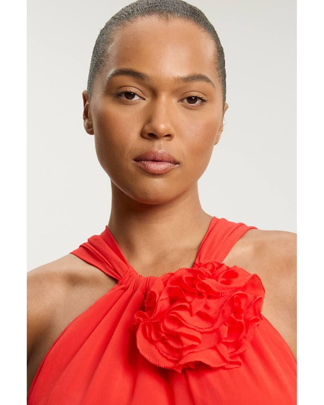 Karen Millen Red Plus Size Viscose Georgette Rosette Ruffle Halterneck Maxi Dress
