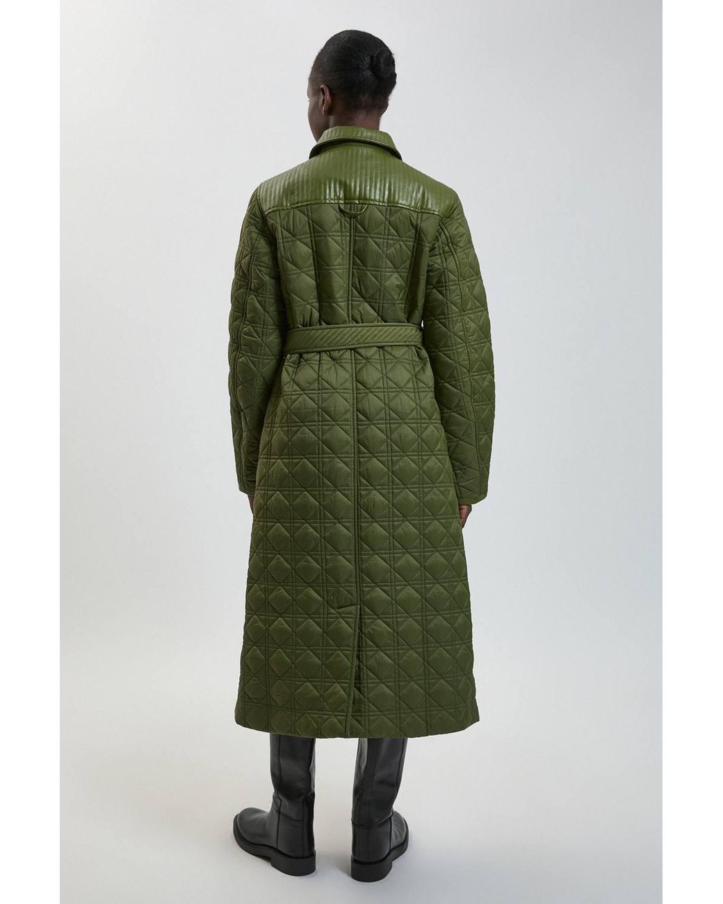 Karen Millen Green Quilted & Pu Mix Belted Padded Midi Coat