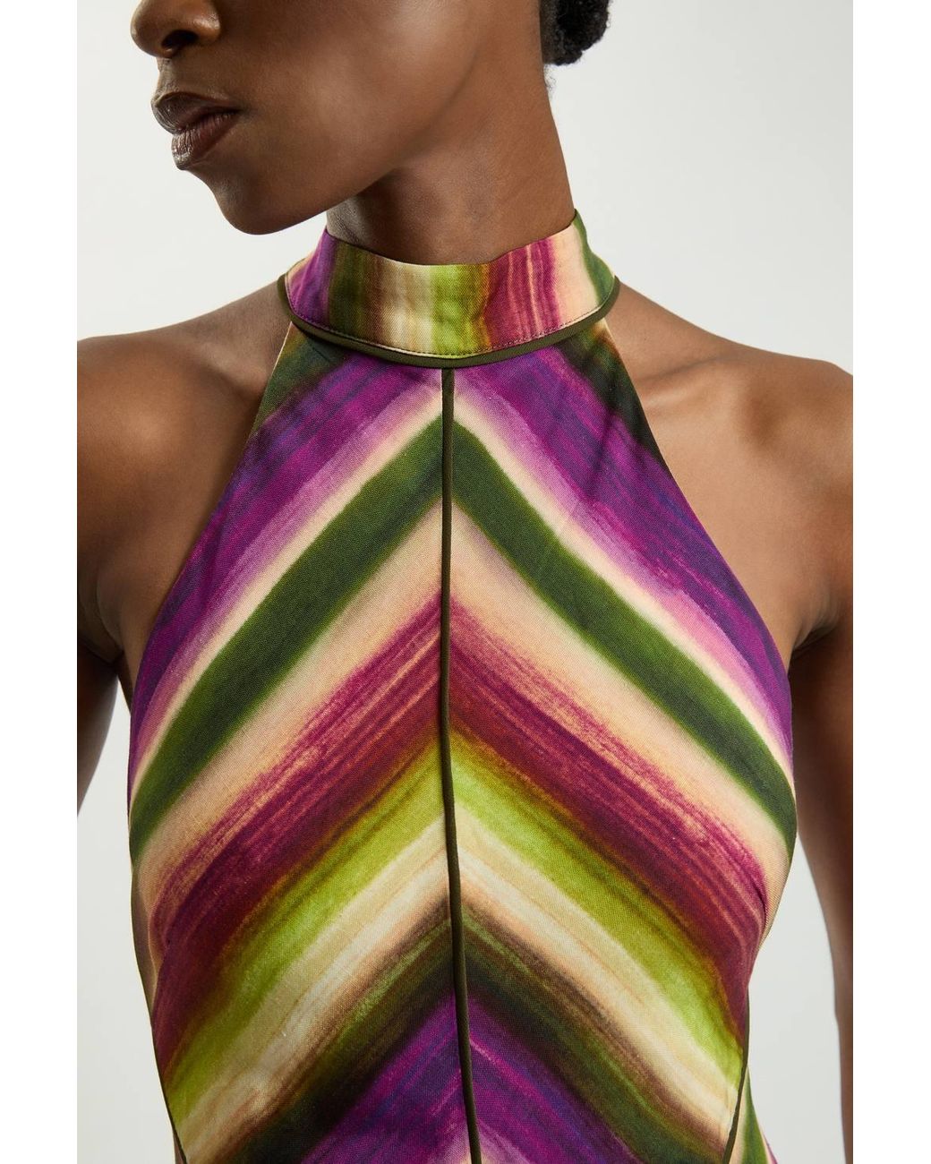 Karen Millen Purple Petite Multi Fluid Stripe Cotton Mix Woven Halter Dress