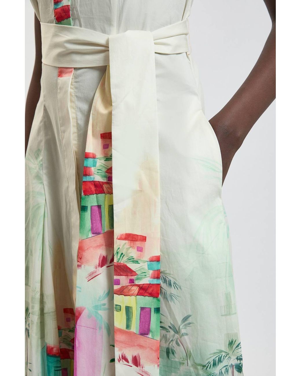 Karen Millen White Scenic Print Cotton Sateen Shirt Dress