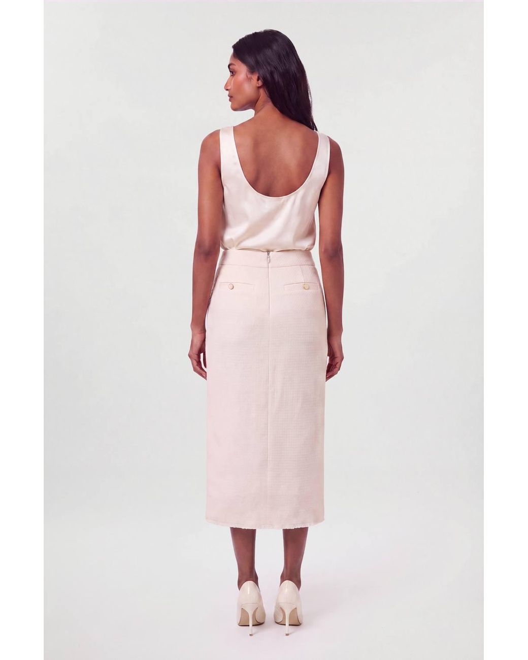 Karen Millen Pink Texture Tweed Button Midi Pencil Skirt