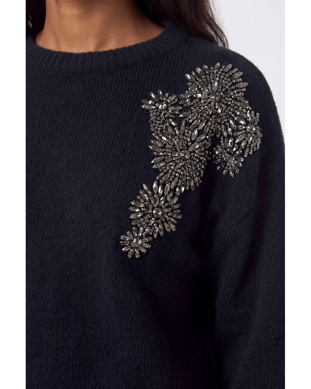 Karen Millen Blue Wool Blend Embellished Cosy Crew Neck Knit Jumper