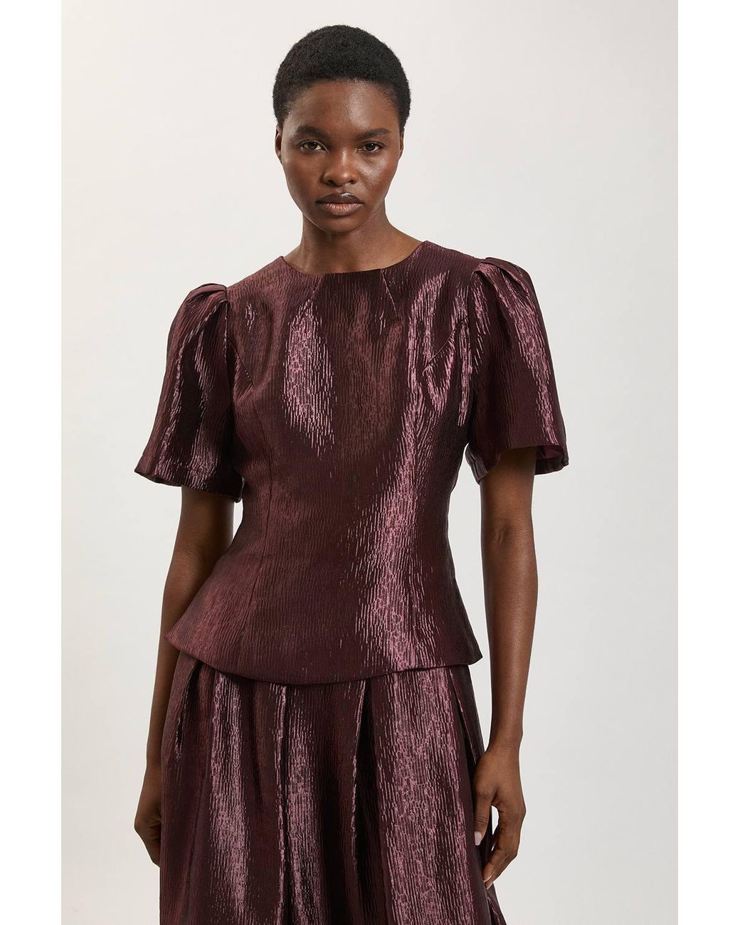 Karen Millen Metallic Textured Puff Sleeve Top