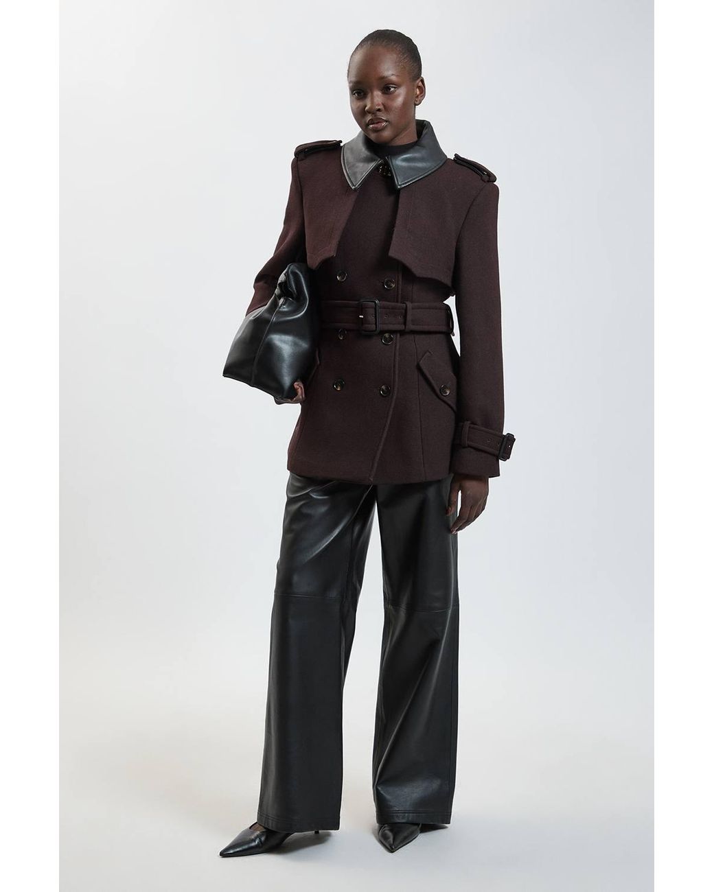 Karen Millen Black Wool & Faux Leather Detail Short Pea Coat