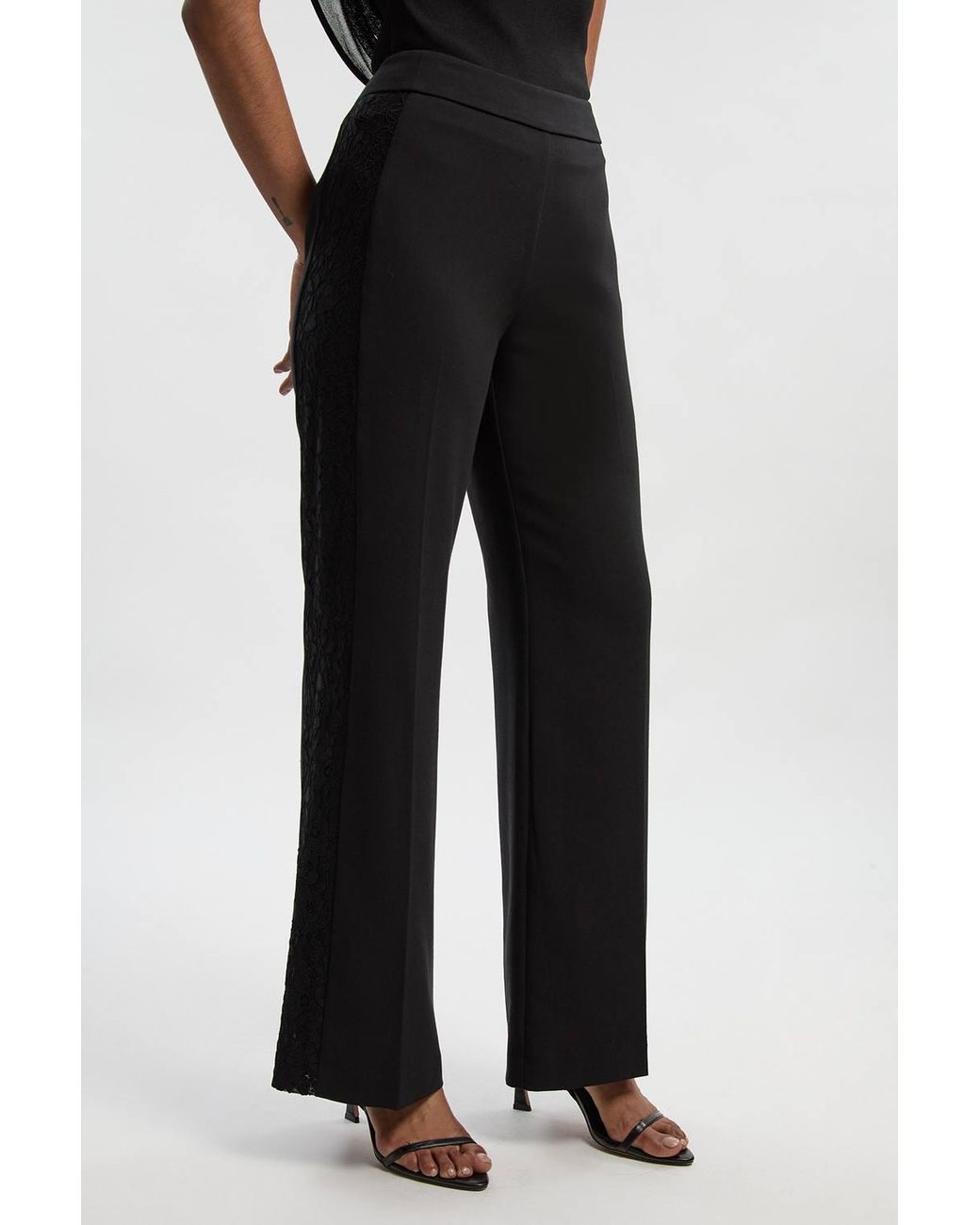 Karen Millen Black Compact Stretch Lace Mix Tailored Wide Leg Trouser