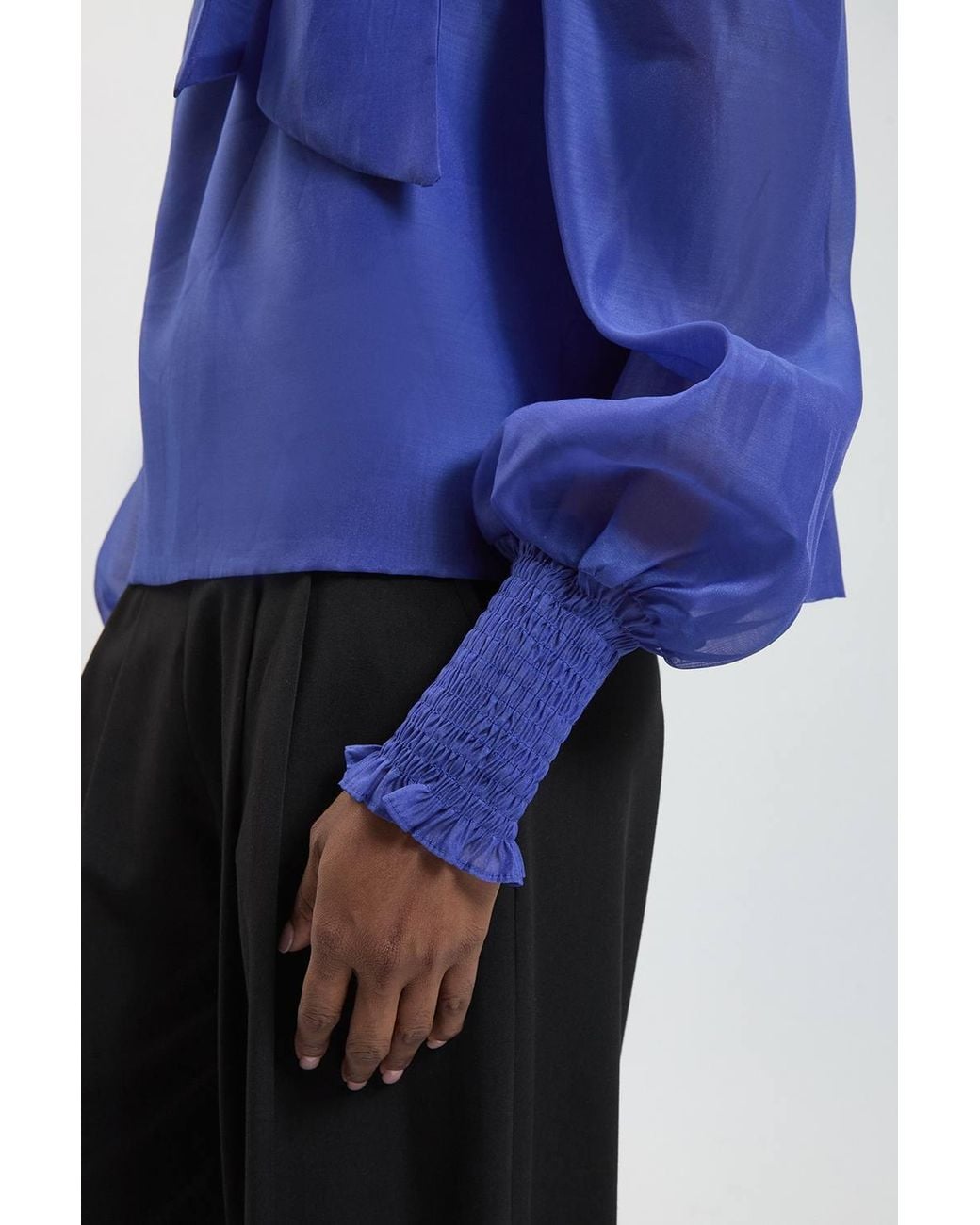Karen Millen Blue High Neck Ruched Detail Blouse