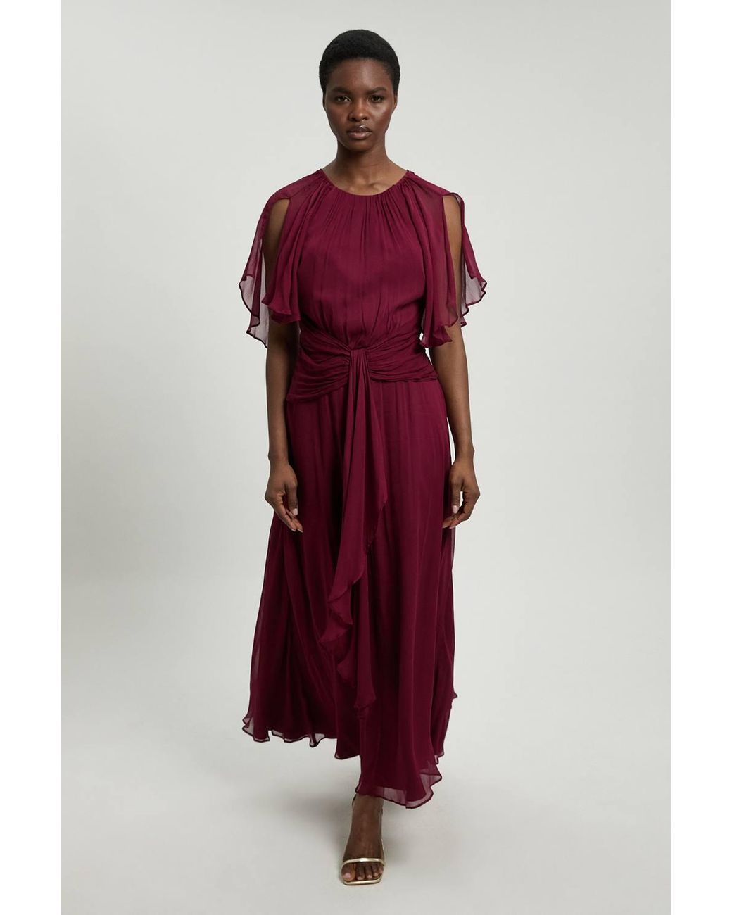 Karen Millen Red Viscose Georgette Cape Sleeve Ruffle Woven Maxi Dress