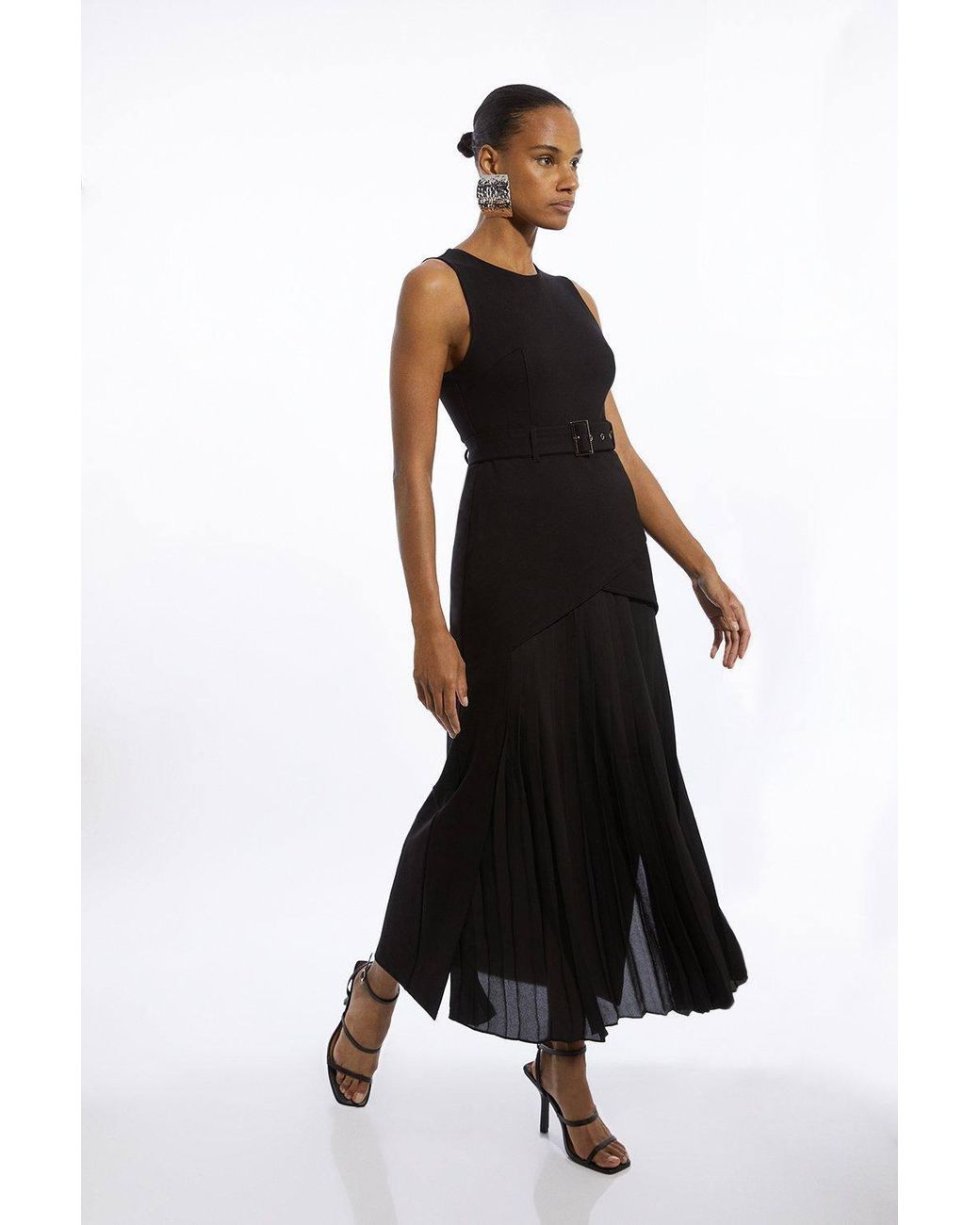 Karen Millen Black Wedding Guest Dresses Forever Ponte And Georgette Jersey Pleated Maxi Dress