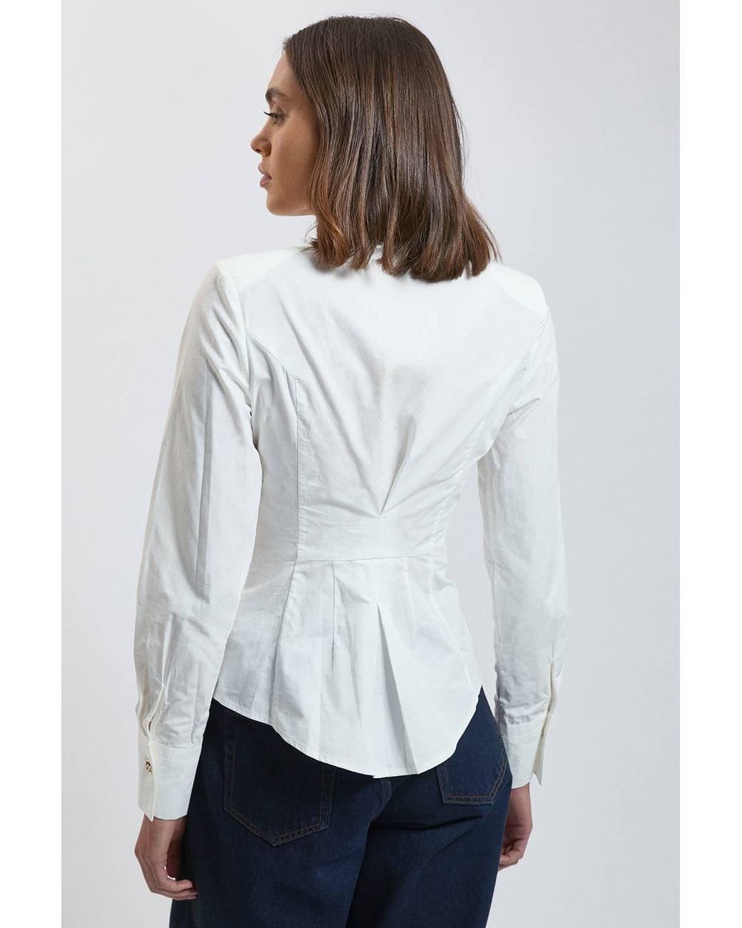 Karen Millen White Cotton Poplin Tie Neck Trim Detail Collared Shirt